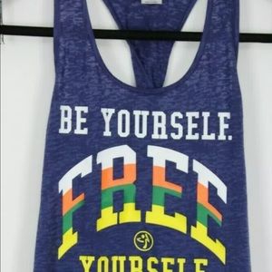 ZUMBA Size XS Women's Top Dance Tank Twisted Back Be Yourself Free Yourself NWT